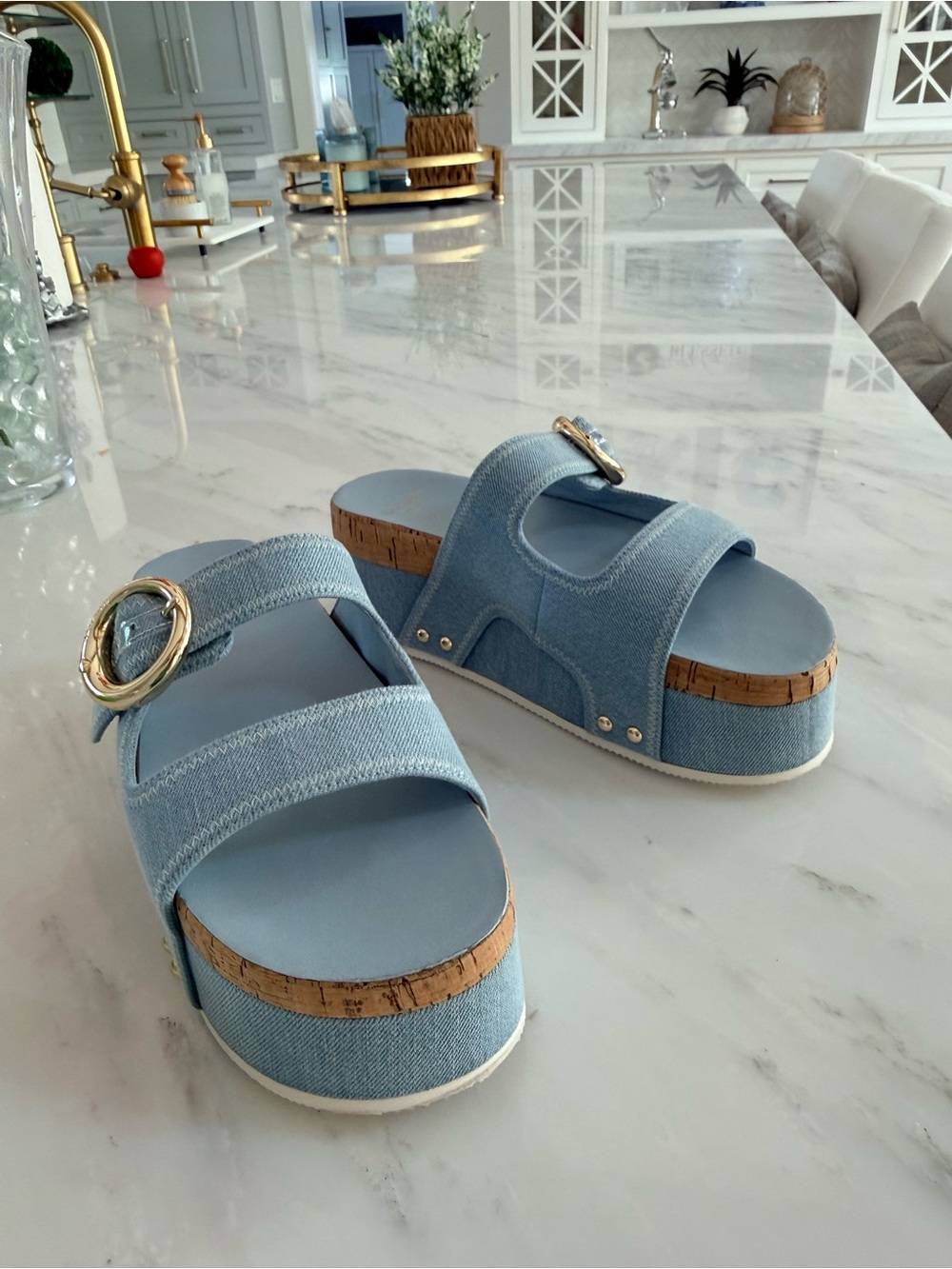 Kate Spade  Light Blue Cork Platform Slide Sandals
